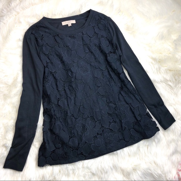 LOFT Tops - Loft lace navy blue blouse long sleeve top xl